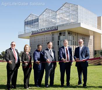The October 8, 2019 ribbon cutting of the grand opening of the Texas A&M AgriLife Center at Dallas renovated campus. From left: David Lunt, Ph.D.; Susan Ballabina, Ph.D.; Bill Mahomes, J.D.; John Sharp; Patrick Stover, Ph.D.; and Jeff Hyde, Ph.D.